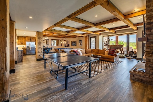 155 Peacemaker Ridge Rd, Belt, MT 59412 - game room featuring wood finished floors, beam ceiling, coffered ceiling, billiards, and recessed lighting