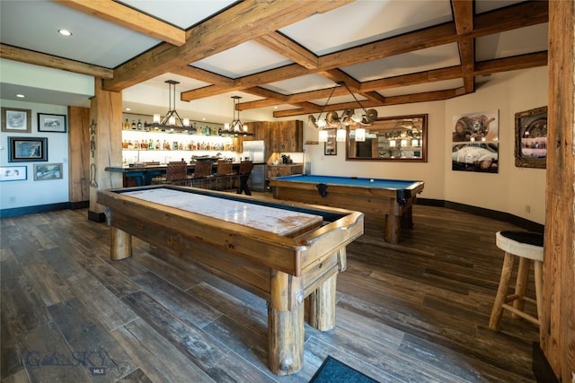 155 Peacemaker Ridge Rd, Belt, MT 59412 - game room featuring coffered ceiling, beamed ceiling, dark wood-type flooring, pool table, and a community bar