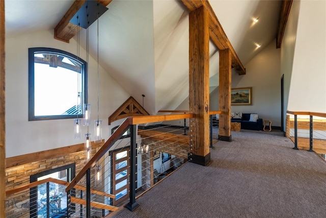 155 Peacemaker Ridge Rd, Belt, MT 59412 - staircase with beamed ceiling, carpet, and high vaulted ceiling