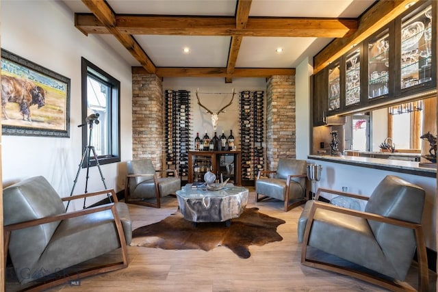 155 Peacemaker Ridge Rd, Belt, MT 59412 - wine room featuring coffered ceiling, light wood-style floors, beamed ceiling, and recessed lighting