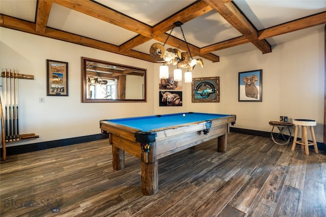 155 Peacemaker Ridge Rd, Belt, MT 59412 - rec room featuring coffered ceiling, dark wood-type flooring, billiards table, and beam ceiling
