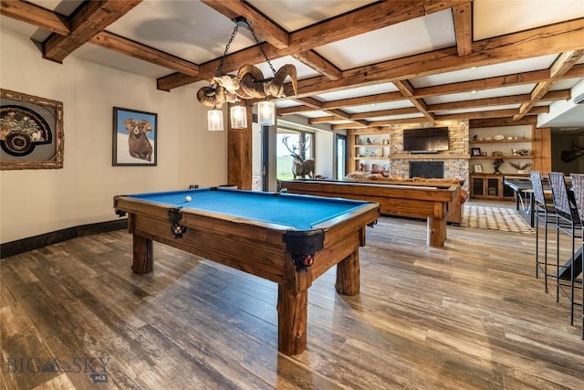 155 Peacemaker Ridge Rd, Belt, MT 59412 - recreation room featuring wood finished floors, coffered ceiling, billiards table, beamed ceiling, and a stone fireplace