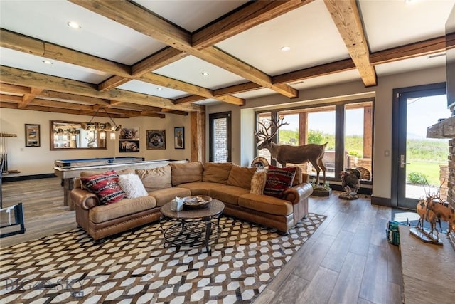 155 Peacemaker Ridge Rd, Belt, MT 59412 - living area featuring coffered ceiling, billiards table, beamed ceiling, wood finished floors, and recessed lighting
