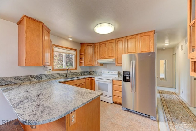 425 Russell, Helena, MT 59602 - kitchen with stainless steel fridge with ice dispenser, white electric range oven, under cabinet range hood, a peninsula, and light stone counters