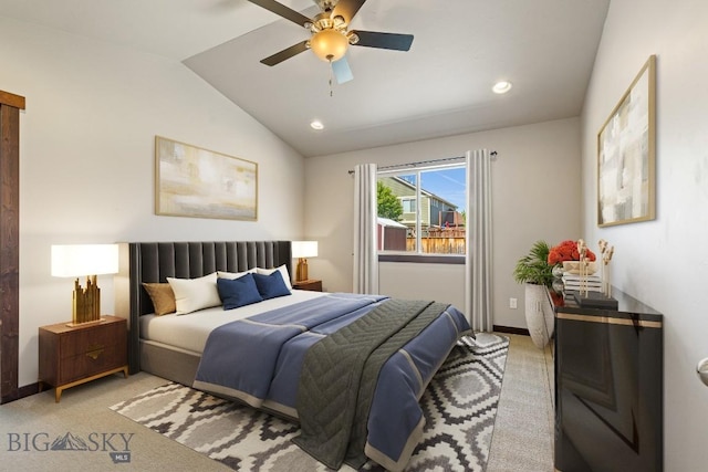 343 Stewart Loop, Bozeman, MT 59718 - bedroom with light colored carpet, lofted ceiling, recessed lighting, and a ceiling fan