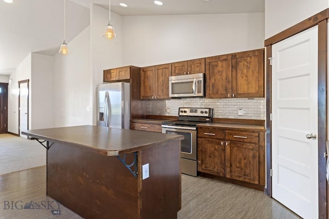 343 Stewart Loop, Bozeman, MT 59718 - kitchen featuring appliances with stainless steel finishes, dark countertops, wood finished floors, backsplash, and high vaulted ceiling
