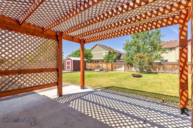 343 Stewart Loop, Bozeman, MT 59718 - fenced backyard featuring a storage shed, an outdoor fire pit, a patio, and a pergola