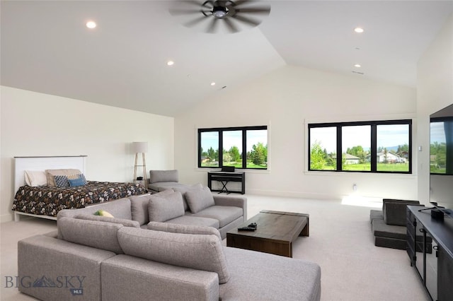 75 Vera Ct, Bozeman, MT 59718 - living area with light colored carpet, a ceiling fan, high vaulted ceiling, plenty of natural light, and recessed lighting