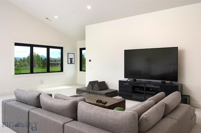 75 Vera Ct, Bozeman, MT 59718 - living area featuring light carpet, recessed lighting, and high vaulted ceiling