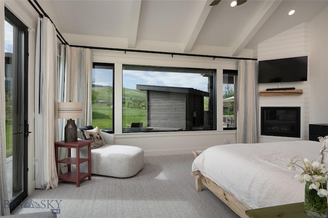 75 Vera Ct, Bozeman, MT 59718 - carpeted bedroom with multiple windows, a glass covered fireplace, and recessed lighting
