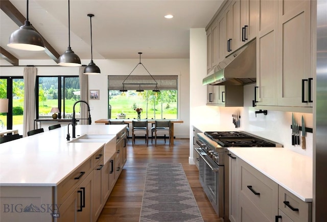 75 Vera Ct, Bozeman, MT 59718 - kitchen with stainless steel range, under cabinet range hood, light countertops, dark wood-style floors, and recessed lighting