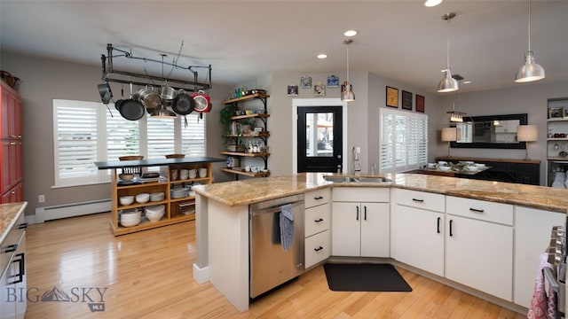 3214 Hillcrest Dr, Bozeman, MT 59715 - kitchen featuring dishwasher, baseboard heating, light wood-style flooring, recessed lighting, and white cabinets