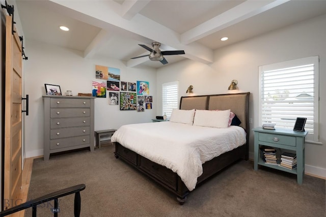 3214 Hillcrest Dr, Bozeman, MT 59715 - carpeted bedroom with a barn door, beam ceiling, recessed lighting, and a ceiling fan