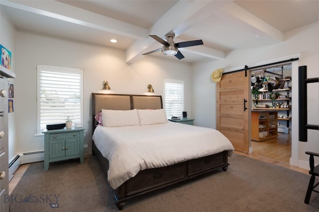 3214 Hillcrest Dr, Bozeman, MT 59715 - bedroom featuring a barn door, beamed ceiling, recessed lighting, a baseboard radiator, and ceiling fan