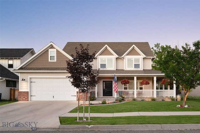 3214 Hillcrest Dr, Bozeman, MT 59715 - view of front facade featuring covered porch, concrete driveway, a front yard, brick siding, and a shingled roof