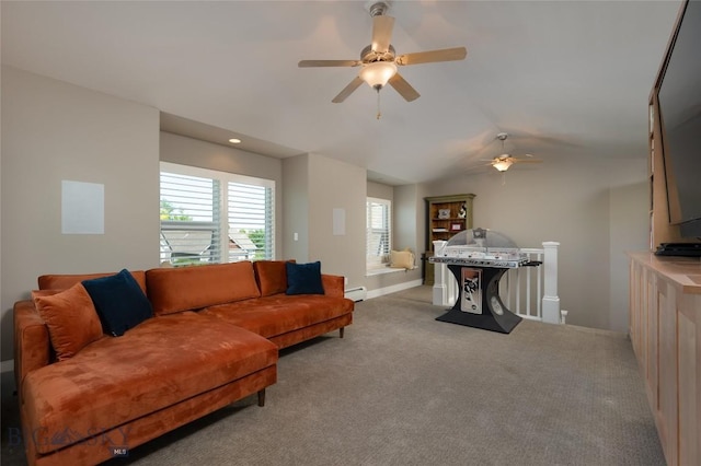 3214 Hillcrest Dr, Bozeman, MT 59715 - living area featuring a ceiling fan, lofted ceiling, carpet, and a baseboard radiator