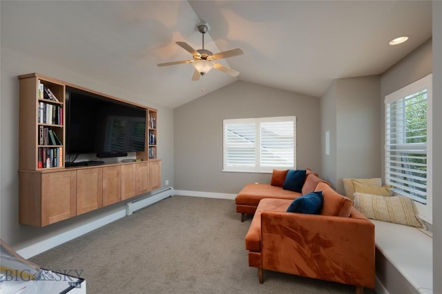 3214 Hillcrest Dr, Bozeman, MT 59715 - carpeted living area featuring a baseboard radiator, ceiling fan, and lofted ceiling