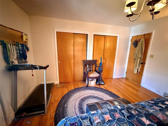 2030 Adams Ave, Butte, MT 59701 - bedroom featuring wood finished floors, multiple closets, and a chandelier