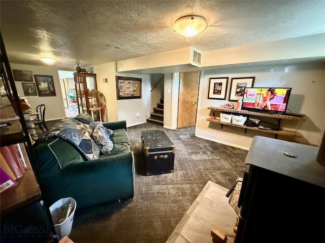 2030 Adams Ave, Butte, MT 59701 - living room with stairs, a textured ceiling, and carpet