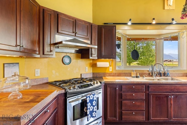 13 Blue Wing Rd, Ennis, MT 59729 - kitchen with stainless steel gas stove, under cabinet range hood, and dark brown cabinets