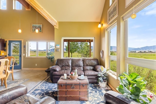 13 Blue Wing Rd, Ennis, MT 59729 - living area featuring high vaulted ceiling, concrete flooring, and a mountain view