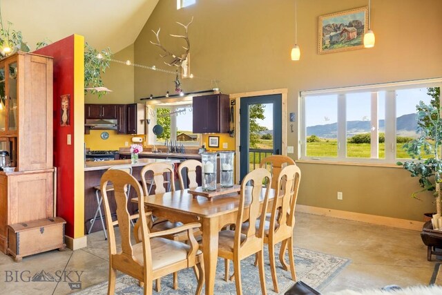13 Blue Wing Rd, Ennis, MT 59729 - dining space with high vaulted ceiling, a mountain view, and concrete flooring