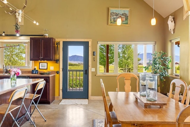 13 Blue Wing Rd, Ennis, MT 59729 - dining area with high vaulted ceiling, finished concrete flooring, and a mountain view