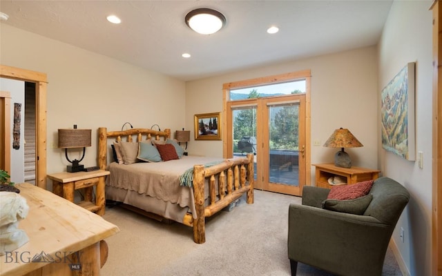 3140 Two Moons Rd, Big Sky, MT 59716 - bedroom featuring access to exterior, light carpet, and recessed lighting