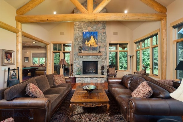 3140 Two Moons Rd, Big Sky, MT 59716 - living room featuring high vaulted ceiling, pool table, beam ceiling, a fireplace, and recessed lighting