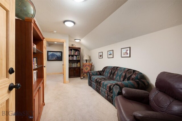 3140 Two Moons Rd, Big Sky, MT 59716 - living area featuring light colored carpet, built in shelves, and lofted ceiling