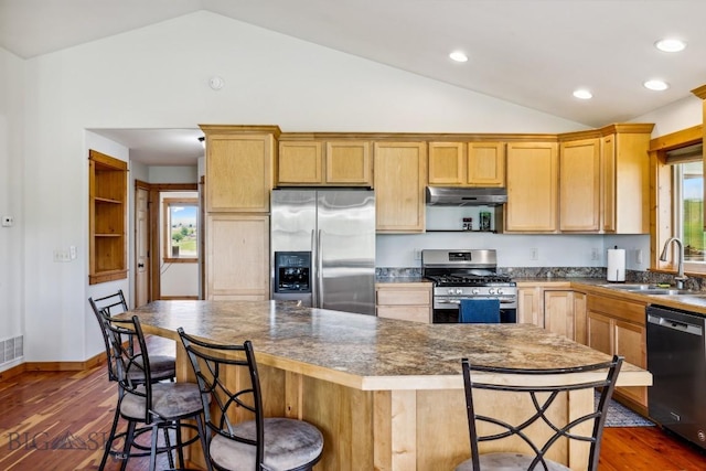 418 May Ln, Belgrade, MT 59714 - kitchen with appliances with stainless steel finishes, under cabinet range hood, vaulted ceiling, healthy amount of natural light, and dark wood-type flooring