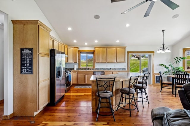 418 May Ln, Belgrade, MT 59714 - kitchen with stainless steel appliances, lofted ceiling, healthy amount of natural light, a kitchen bar, and light wood-type flooring