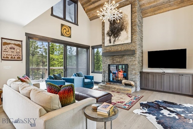 146 Outlook Trl, Big Sky, MT 59716 - living area featuring high vaulted ceiling, light wood-style flooring, a chandelier, a stone fireplace, and wooden ceiling