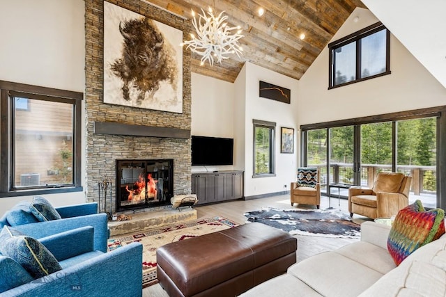 146 Outlook Trl, Big Sky, MT 59716 - living area featuring high vaulted ceiling, wood finished floors, a fireplace, wooden ceiling, and a chandelier
