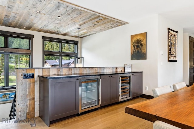 146 Outlook Trl, Big Sky, MT 59716 - indoor dry bar with wine cooler, wood ceiling, and light wood-style flooring