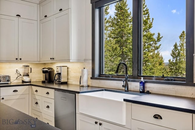 146 Outlook Trl, Big Sky, MT 59716 - kitchen featuring dark countertops, tasteful backsplash, white cabinets, and dishwasher