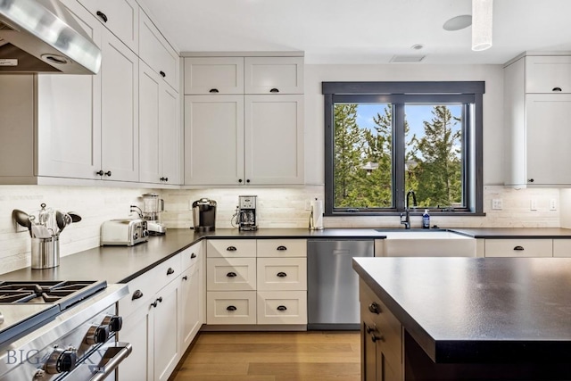 146 Outlook Trl, Big Sky, MT 59716 - kitchen featuring stainless steel dishwasher, range hood, dark countertops, decorative backsplash, and white cabinets