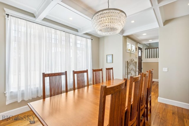 33 Oasis Trl, Bozeman, MT 59718 - dining space featuring a chandelier, coffered ceiling, hardwood / wood-style flooring, beamed ceiling, and recessed lighting
