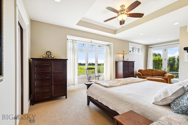 33 Oasis Trl, Bozeman, MT 59718 - bedroom with light colored carpet, ornamental molding, a tray ceiling, recessed lighting, and ceiling fan