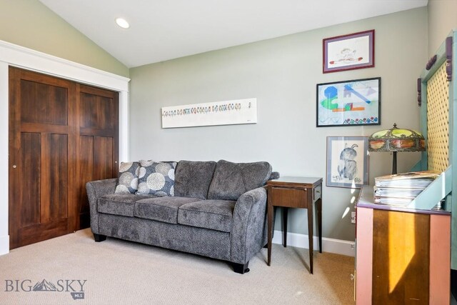 33 Oasis Trl, Bozeman, MT 59718 - living area with carpet floors, lofted ceiling, and recessed lighting