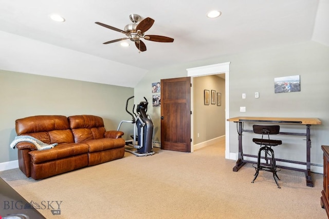33 Oasis Trl, Bozeman, MT 59718 - living room featuring lofted ceiling, ceiling fan, recessed lighting, and light colored carpet