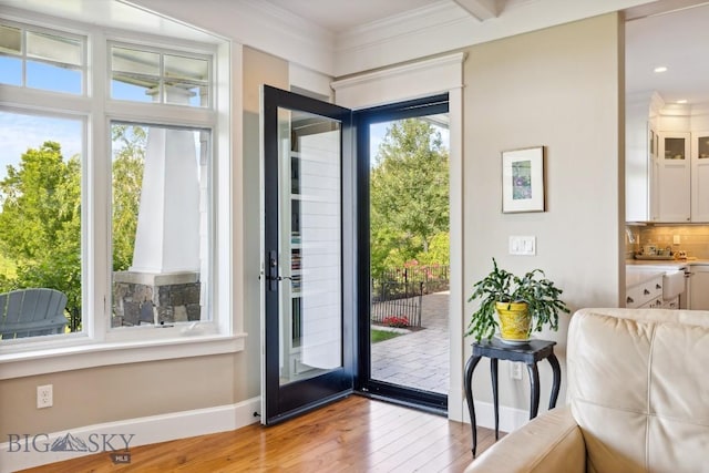 33 Oasis Trl, Bozeman, MT 59718 - doorway to outside with light wood finished floors, crown molding, and recessed lighting