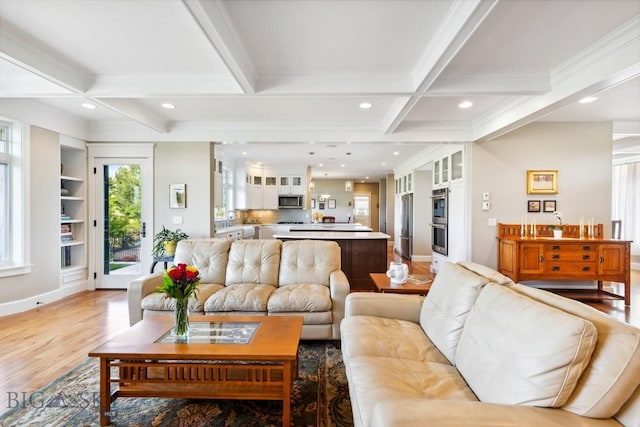 33 Oasis Trl, Bozeman, MT 59718 - living area featuring coffered ceiling, light wood-style floors, recessed lighting, and beam ceiling