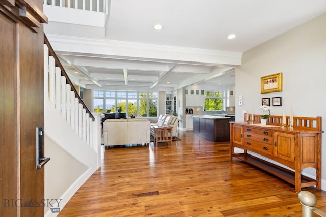 33 Oasis Trl, Bozeman, MT 59718 - foyer entrance featuring light wood-style floors, coffered ceiling, stairs, recessed lighting, and beamed ceiling