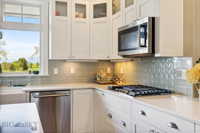 33 Oasis Trl, Bozeman, MT 59718 - kitchen featuring appliances with stainless steel finishes, light countertops, white cabinetry, and backsplash