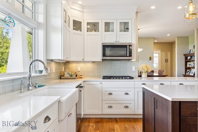 33 Oasis Trl, Bozeman, MT 59718 - kitchen featuring appliances with stainless steel finishes, light countertops, decorative backsplash, white cabinetry, and recessed lighting
