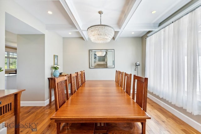 33 Oasis Trl, Bozeman, MT 59718 - dining room with coffered ceiling, a chandelier, light wood-type flooring, and beamed ceiling
