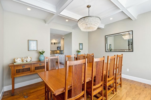33 Oasis Trl, Bozeman, MT 59718 - dining space with light wood-type flooring, coffered ceiling, beam ceiling, a chandelier, and recessed lighting