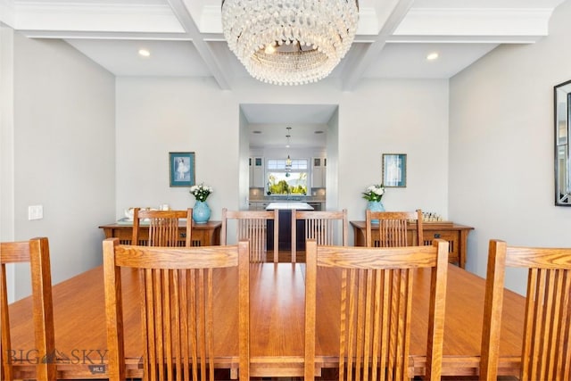 33 Oasis Trl, Bozeman, MT 59718 - dining room with coffered ceiling, a chandelier, beam ceiling, and recessed lighting