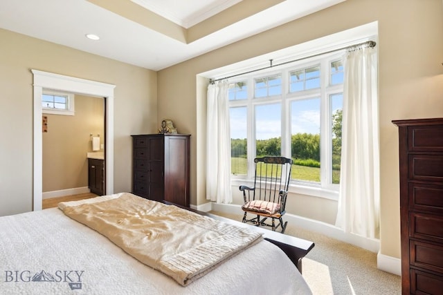33 Oasis Trl, Bozeman, MT 59718 - bedroom featuring recessed lighting, crown molding, connected bathroom, and carpet flooring